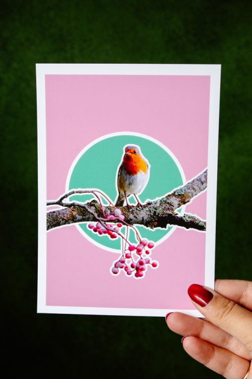 Grande Carte Rouge-Gorge - Rose & Vert