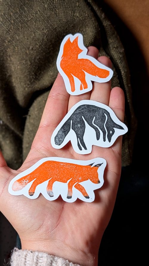 Lot de 3 Stickers Renards (ou unité) - linogravures imprimées à la main