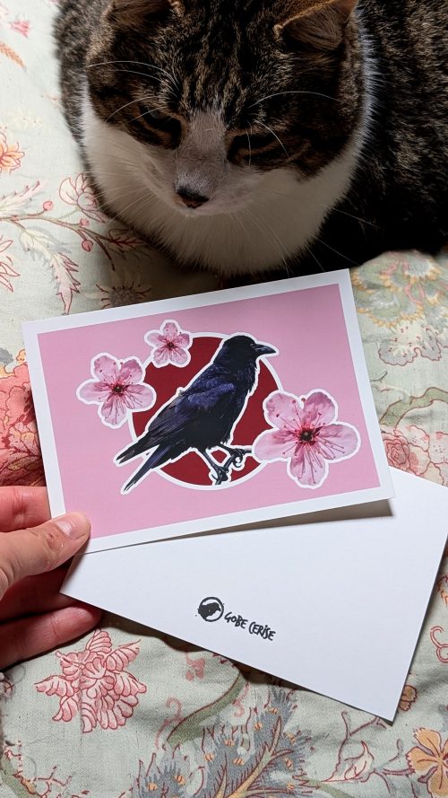 Carte A6 - Corbeau & Fleurs de Cerisiers